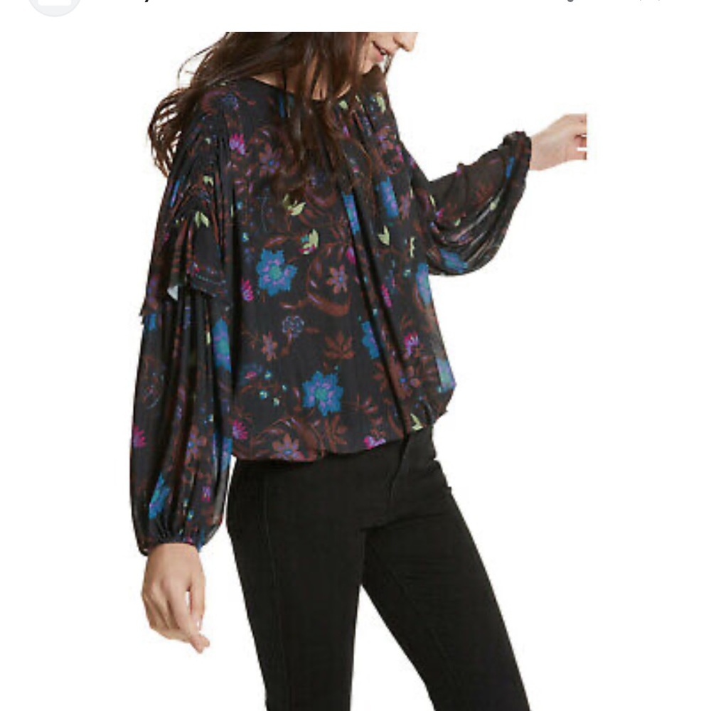 free people wildflower honey floral stretch mesh blouse medium
